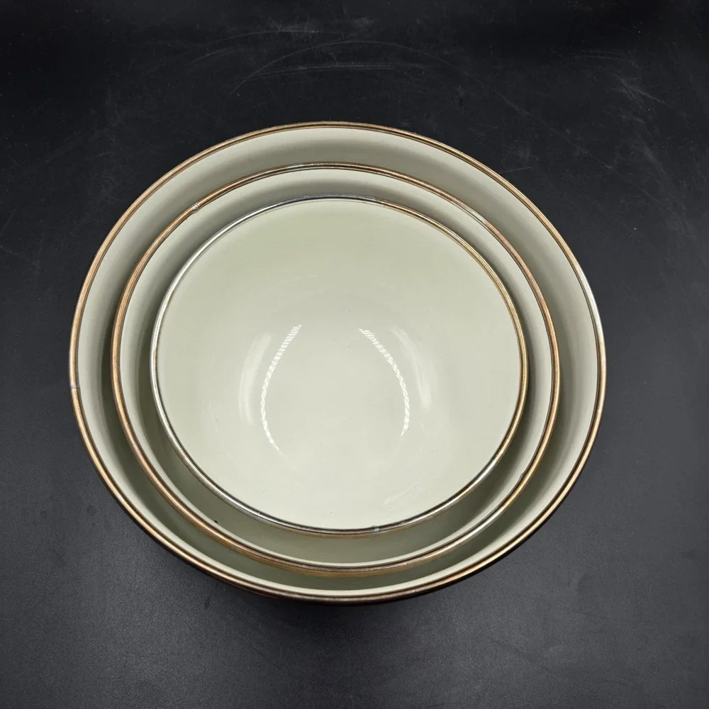 Vintage Enamel 3 Piece Flower Floral Nesting Bowl Set Metal Rim Grandmacore